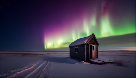 Multicolored northern lights (Aurora borealis) in the sky over a small wooden house with snowy landscape, photorealistic generative ai illustrationの素材