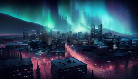 Multicolored northern lights (Aurora borealis) in the sky over a Nothern city, photorealistic generative ai illustrationの素材