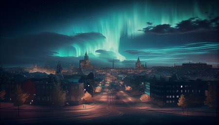 Multicolored northern lights (Aurora borealis) in the sky over a Nothern city, photorealistic generative ai illustrationの素材