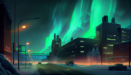 Multicolored northern lights (Aurora borealis) in the sky over a Nothern city, photorealistic generative ai illustrationの素材