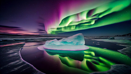 Multicolored northern lights (Aurora borealis) in the night sky over a snowy and water landscape, photorealistic generative ai illustrationの素材