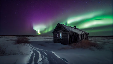 Multicolored northern lights (Aurora borealis) in the sky over a small wooden house with snowy landscape, photorealistic generative ai illustrationの素材