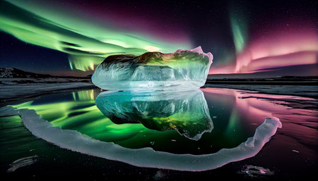Multicolored northern lights (Aurora borealis) in the night sky over a snowy and water landscape, photorealistic generative ai illustrationの素材