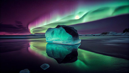 Multicolored northern lights (Aurora borealis) in the night sky over a snowy and water landscape, photorealistic generative ai illustrationの素材