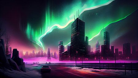 Multicolored northern lights (Aurora borealis) in the sky over a Nothern city, photorealistic generative ai illustrationの素材