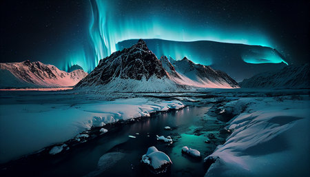 Multicolored northern lights (Aurora borealis) in the night sky over a snowy and water landscape, photorealistic generative ai illustrationの素材