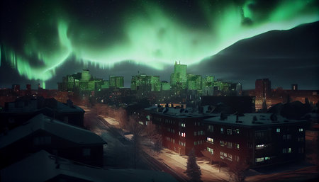 Multicolored northern lights (Aurora borealis) in the sky over a Nothern city, photorealistic generative ai illustrationの素材