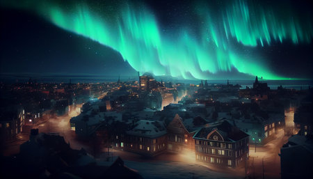Multicolored northern lights (Aurora borealis) in the sky over a Nothern city, photorealistic generative ai illustrationの素材