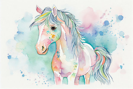 A majestic horse in boho style, with intricate patterns, feathers, and flowers, generative ai illustration in watercolor styleの素材