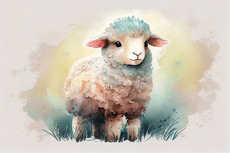 A charming baby sheep, generative ai illustration in colorful hand drawing style depicting its distinctive features and endearing personality.の素材