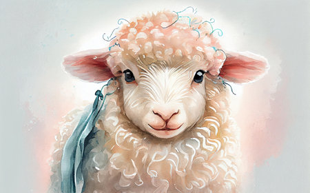 A charming baby sheep portrait, generative ai illustration in colorful hand drawing style depicting its distinctive features and endearing personality.の素材