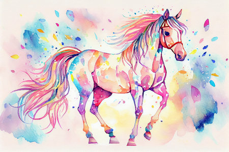 A majestic horse in boho style, with intricate patterns, feathers, and flowers, generative ai illustration in watercolor styleの素材