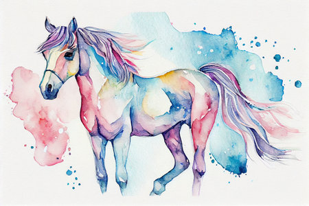 A majestic horse in boho style, with intricate patterns, feathers, and flowers, generative ai illustration in watercolor styleの素材
