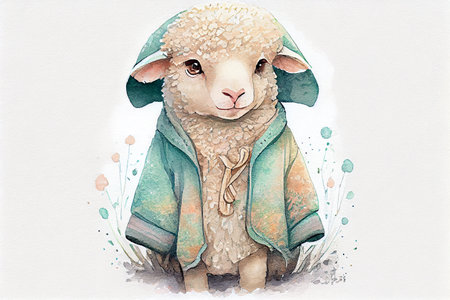 A charming baby sheep portrait, generative ai illustration in colorful hand drawing style depicting its distinctive features and endearing personality.の素材
