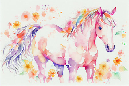 A majestic horse in boho style, with intricate patterns, feathers, and flowers, generative ai illustration in watercolor styleの素材