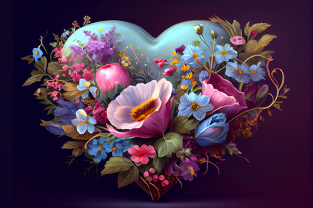 A beautiful heart-shaped bouquet of flowers, with a variety of colors, shapes, and textures, generative ai illustrationの素材