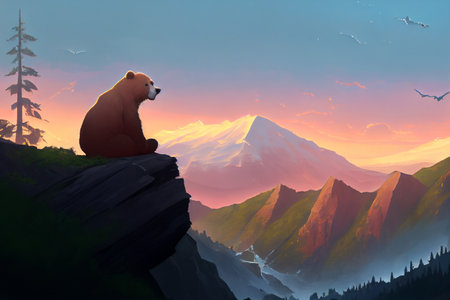 A bear sitting on a rocky outcropping, gazing longingly at the distant mountains, ai illustrationの素材
