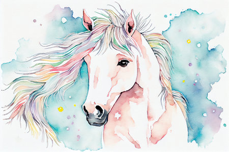 A majestic horse in boho style, with intricate patterns, feathers, and flowers, generative ai illustration in watercolor styleの素材