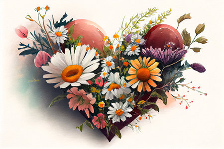 A beautiful heart-shaped bouquet of flowers, with a variety of colors, shapes, and textures, generative ai illustrationの素材