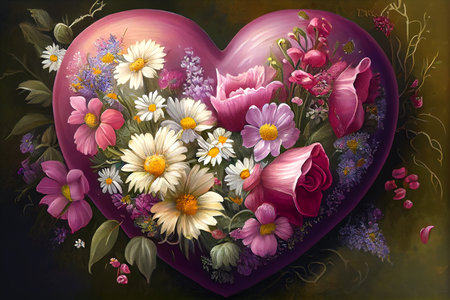 A beautiful heart-shaped bouquet of flowers, with a variety of colors, shapes, and textures, generative ai illustrationの素材