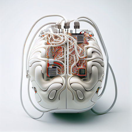 Concept of artificial intelligence. Human brain connected to electronic microcircuits, generative ai illustration. Brain-computer interface, neural networks scientific conceptの素材