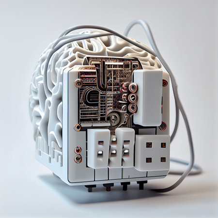 Concept of artificial intelligence. Human brain connected to electronic microcircuits, generative ai illustration. Brain-computer interface, neural networks scientific conceptの素材