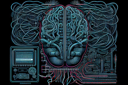 Concept of artificial intelligence. Human brain connected to electronic microcircuits, generative ai illustration. Brain-computer interface, neural networks scientific conceptの素材
