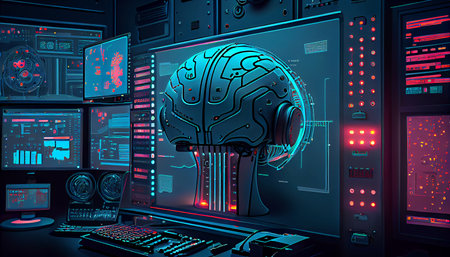 Concept of artificial intelligence. Human brain connected to electronic microcircuits, generative ai illustration. Brain-computer interface, neural networks scientific conceptの素材