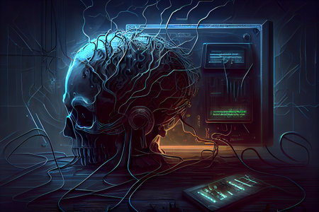 Concept of artificial intelligence. Human brain connected to electronic microcircuits, generative ai illustration. Brain-computer interface, neural networks scientific conceptの素材