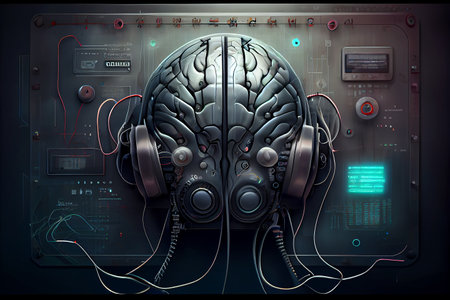 Concept of artificial intelligence. Human brain connected to electronic microcircuits, generative ai illustration. Brain-computer interface, neural networks scientific conceptの素材