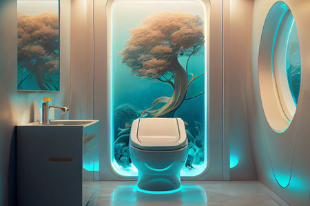 Futuristic and sleek illustration of a toilet interior, featuring advanced technology and modern design elements, generative ai. The toilet is designed with clean lines and sophisticated color schemeの素材