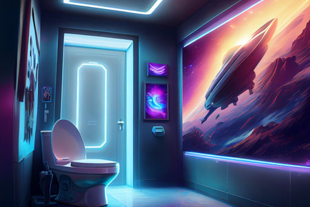 Futuristic and sleek illustration of a toilet interior, featuring advanced technology and modern design elements, generative ai. The toilet is designed with clean lines and sophisticated color schemeの素材