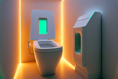 Futuristic and sleek illustration of a toilet interior, featuring advanced technology and modern design elements, generative ai. The toilet is designed with clean lines and sophisticated color schemeの素材