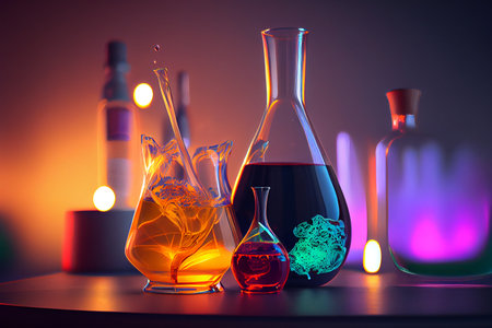 Laboratory, chemical tubes and flasks of different shape and color, ai generated illustrationの素材