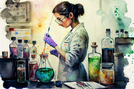 Young female scientist working in a research laboratory performing scientific experiment, ai illustration in watercolor styleの素材