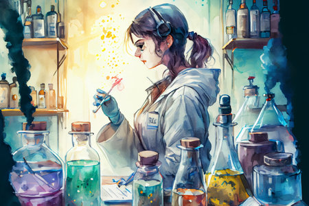 Young female scientist working in a research laboratory performing scientific experiment, ai illustration in watercolor styleの素材