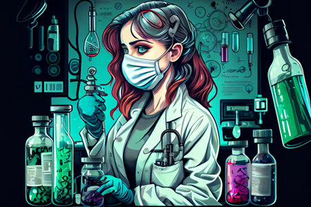 Young female scientist working in a research laboratory performing scientific experiment, ai illustration in hand drawing styleの素材