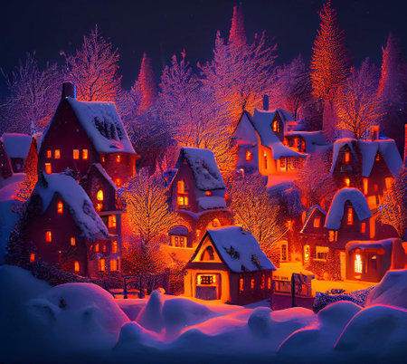 Christmas village with snow. Winter village landscape. Christmas holidays. Snow-covered town. Generative ai illustration.の素材