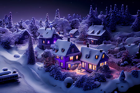 Christmas village with snow. Winter village landscape. Christmas holidays. Snow-covered town. Generative ai illustration.の素材