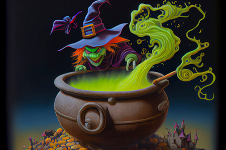 A witch bubbling cauldron, wizardry and magic, generative ai illustrationの素材