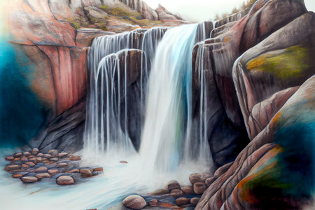 A majestic waterfall, with water cascading down rocks and mist rising into the air, ai generated illustration in hand drawing styleの素材