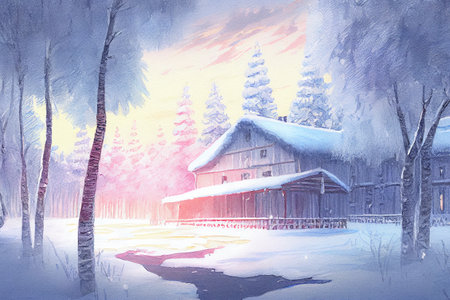 A beautiful winter scene, with a blanket of snow covering the landscape, ai illustration in watercolor styleの素材