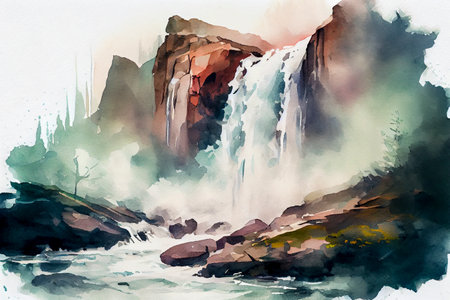 A majestic waterfall, with water cascading down rocks and mist rising into the air, ai generated illustration in hand drawing styleの素材
