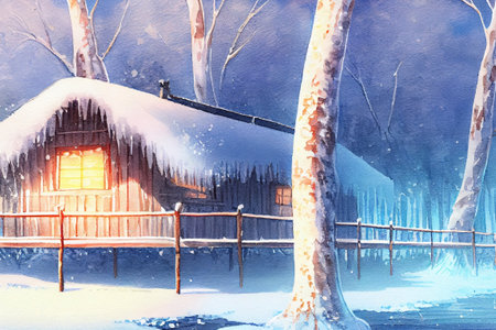 A beautiful winter scene, with a blanket of snow covering the landscape, ai illustration in watercolor styleの素材