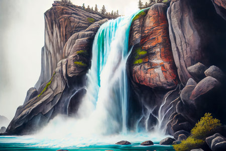 A majestic waterfall, with water cascading down rocks and mist rising into the air, ai generated illustration in hand drawing styleの素材