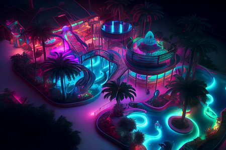 A glowing neon-themed water park, ai generated illustrationの素材