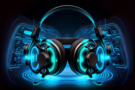 Virtual reality (VR) conceptual background, a headset fitted with sensors, neon illumination, ai generated illustrationの素材