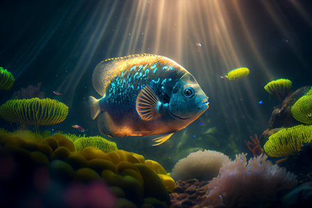 Beautiful underwater world with colorful corals and tropical fish, generative ai illustrationの素材