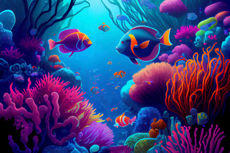 Beautiful underwater world with colorful corals and tropical fish, generative ai illustrationの素材