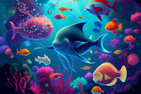 Beautiful underwater world with colorful corals and tropical fish, generative ai illustrationの素材